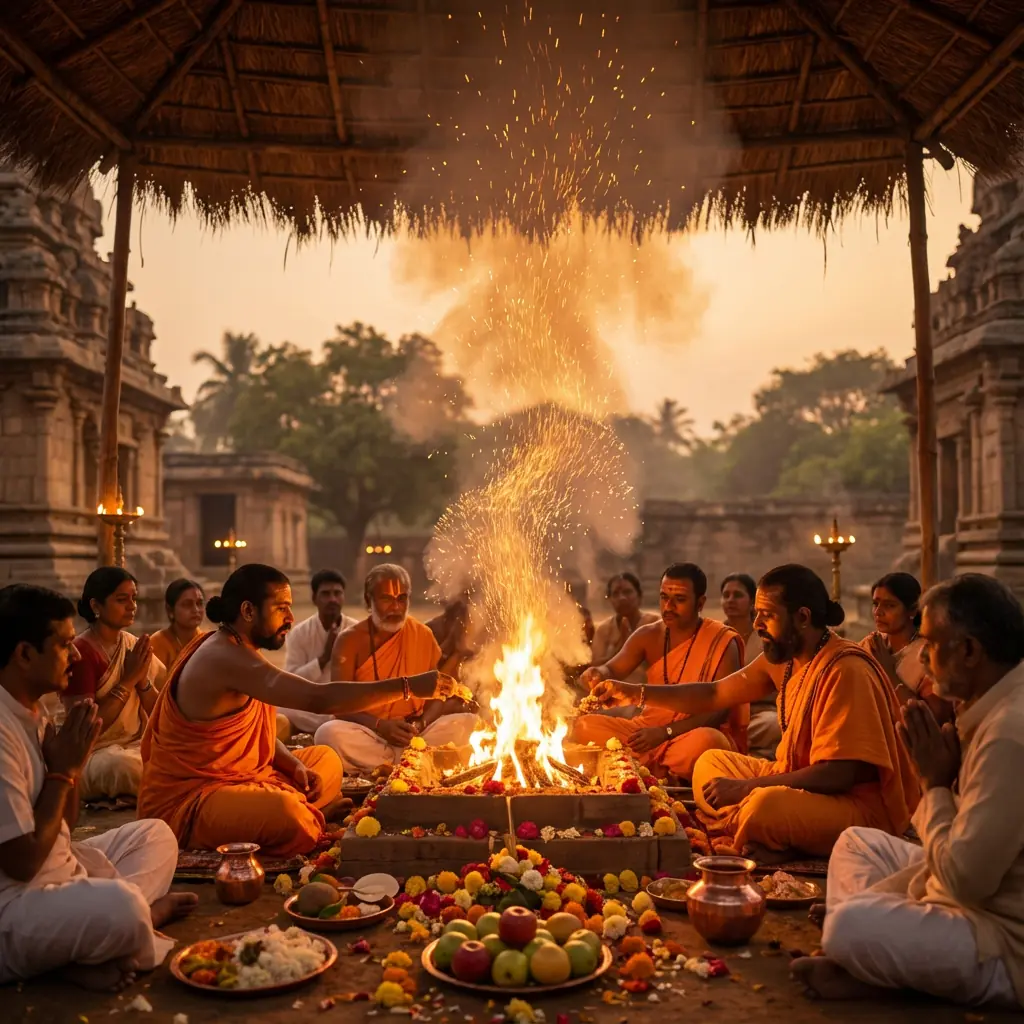 A pandit performing a sacred Vedic puja with a lit havan fire